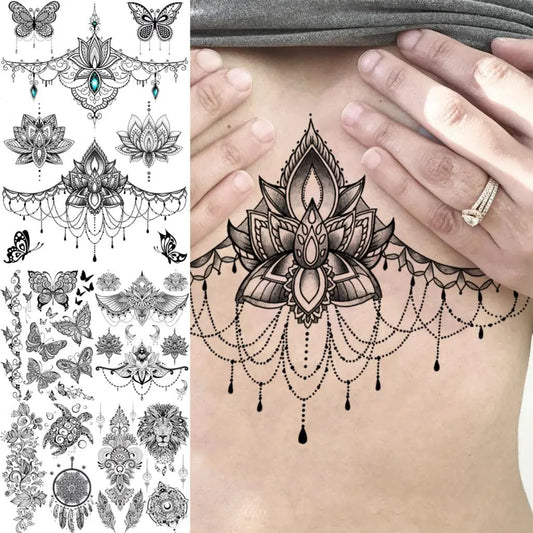 Lotus Henna Mandala Chest Temporary Tattoos For Women